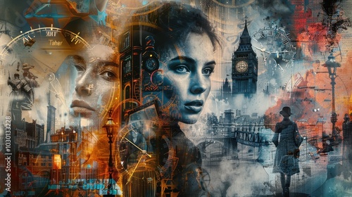 Design a collage-style movie poster for a time-travel film, blending images from different historical eras