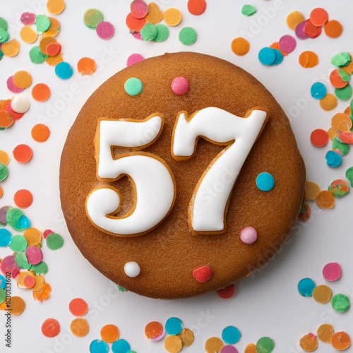 Decorated cookie, number 57, image for birthday or anniversary celebration