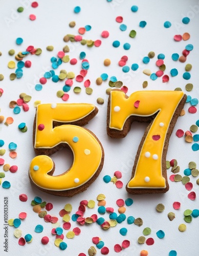 Decorated cookie, number 57, image for birthday or anniversary celebration