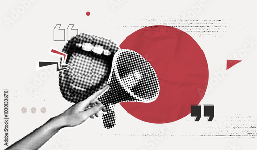 Trendy Halftone Collage screaming mouth, hand and megaphone. Advertising banner with loudspeaker for sale, promotion and marketing. News announcement. Contemporary art vector illustration