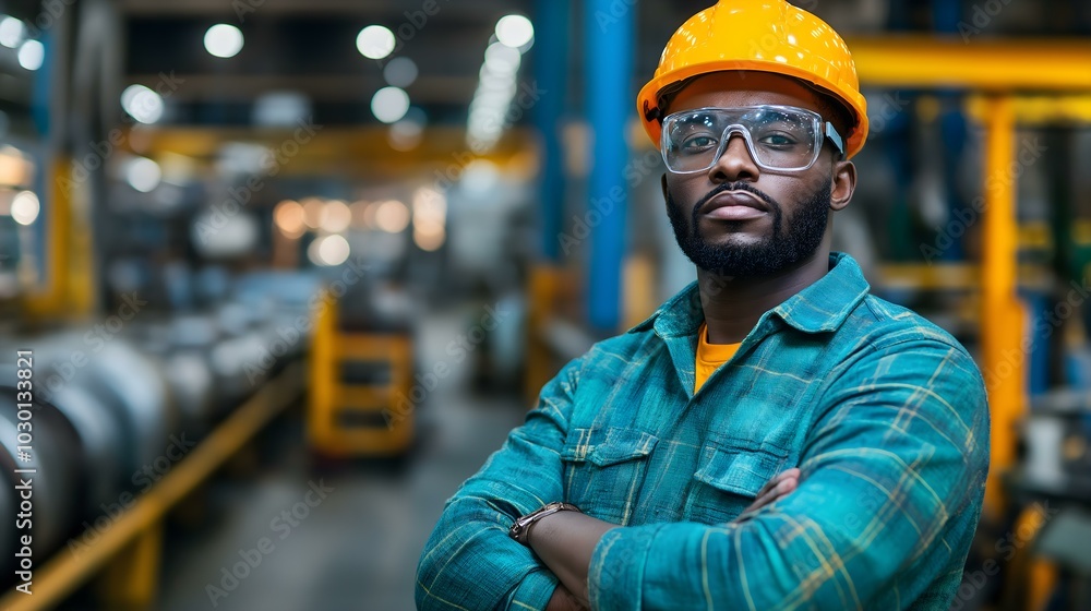 Worker in safety gear, factory background Worker in safety gear, factory background
