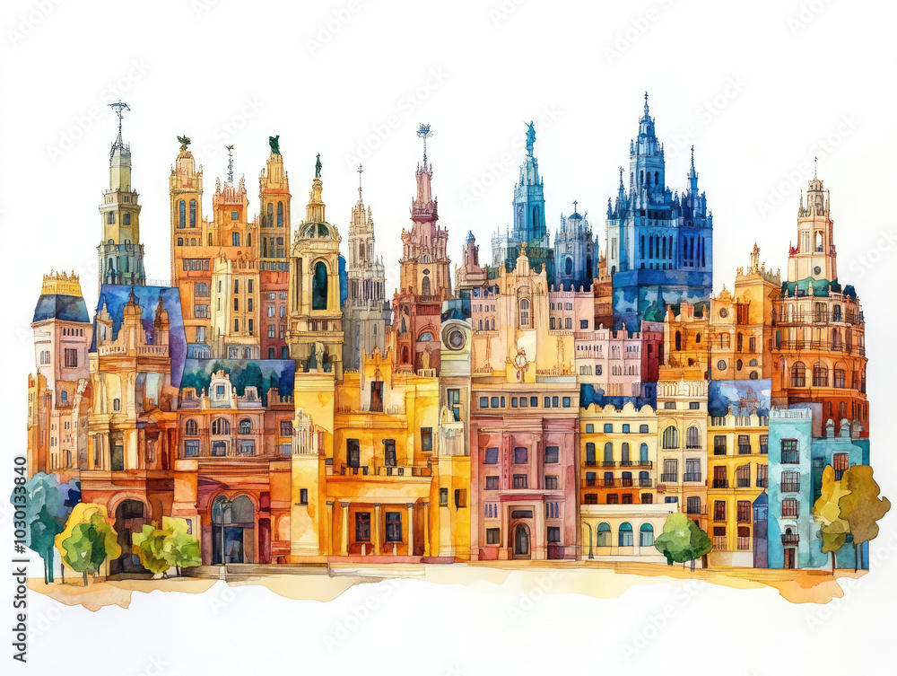 Historic Spanish cityscape with cathedrals and autumn reflections Historic Spanish cityscape with cathedrals and autumn reflections