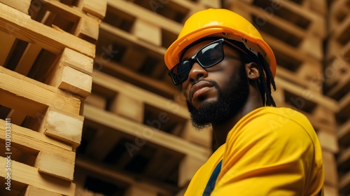 Worker in helmet near wooden pallets. photo