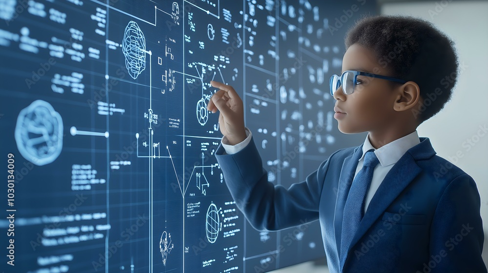Young boy engaging with futuristic technology. Young boy engaging with futuristic technology.