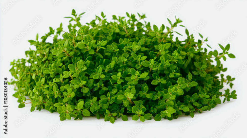 A bundle of fresh thyme with tiny, fragrant green leaves, arranged on a white background A bundle of fresh thyme with tiny, fragrant green leaves, arranged on a white background