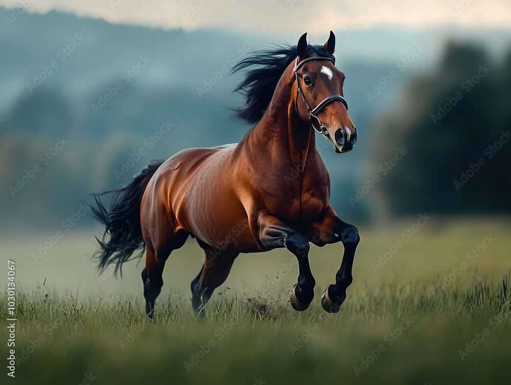 Fototapeta premium A powerful brown horse gallops across a lush green field, showcasing freedom, strength, and the beauty of nature