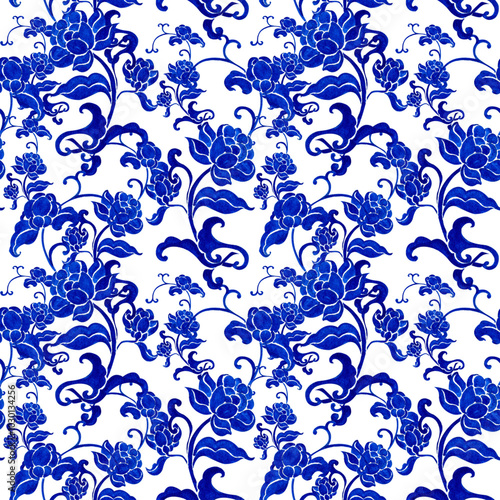 Fényképezés chinese porcelain with floral design, hand-drawn watercolor painting pattern sea