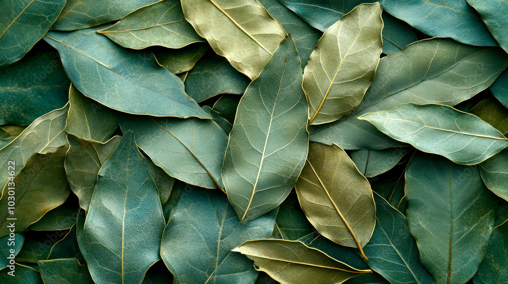 Fototapeta premium A close-up of dried bay leaves with their glossy, deep green appearance, laid out on a white background
