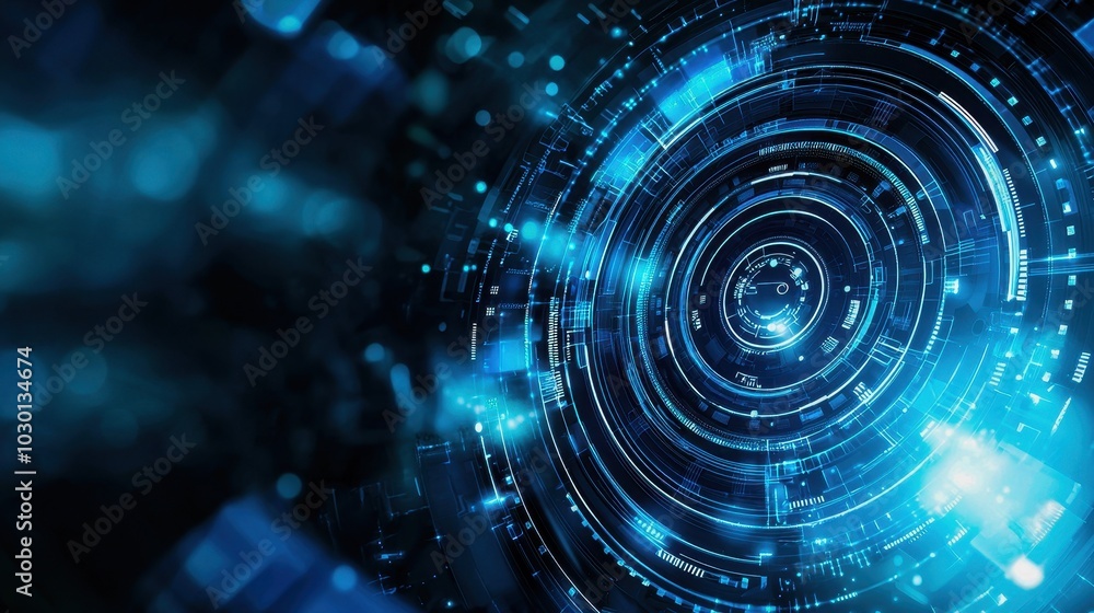 Obraz premium Futuristic digital abstract background with blue glowing concentric circles and particles.