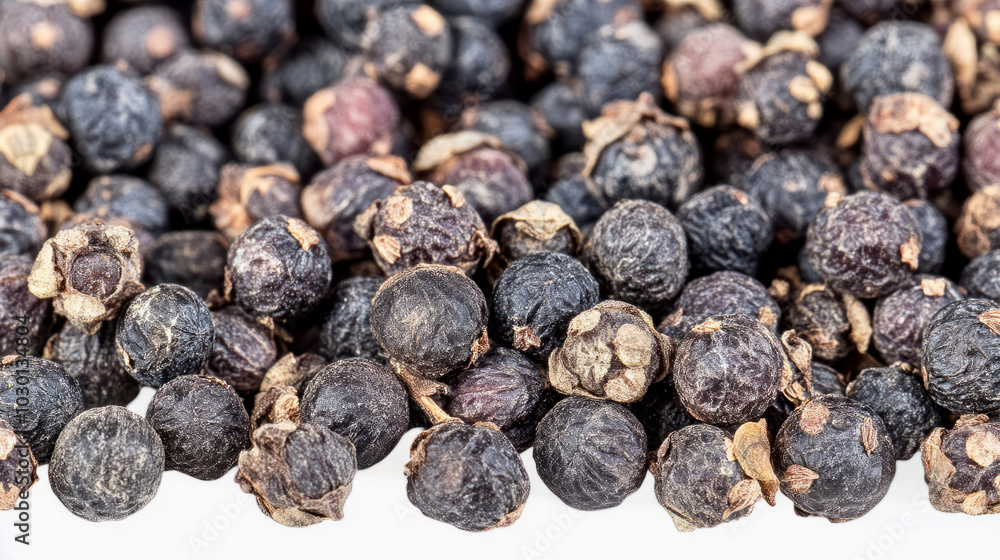 A close-up of dried juniper berries, with their deep blue-purple hues and rough texture, scattered on a white background A close-up of dried juniper berries, with their deep blue-purple hues and rough texture, scattered on a white background
