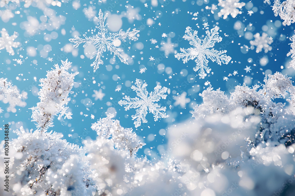 Snowflakes drifting gently through a bright winter sky Snowflakes drifting gently through a bright winter sky