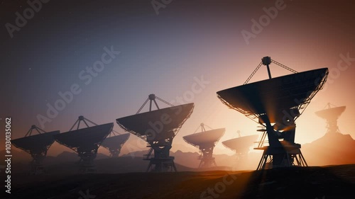 Array of radio telescopes for observation radio signals from space at night.