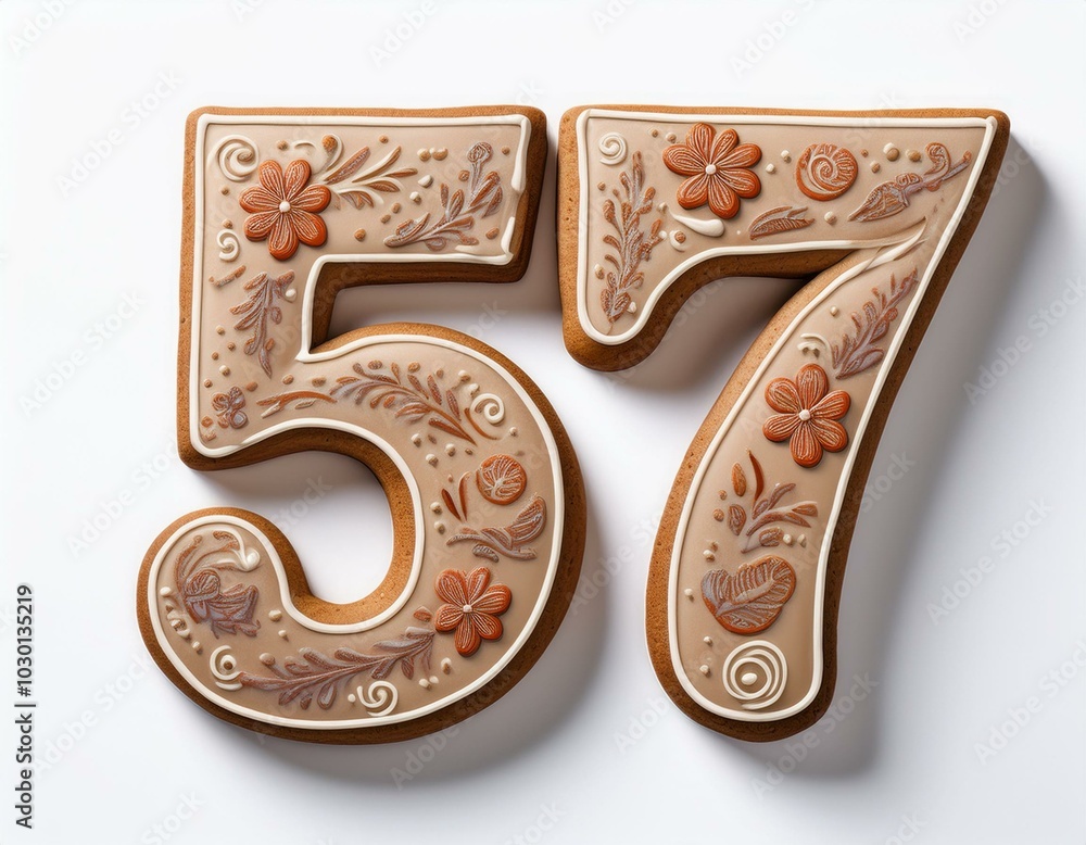 Decorated cookie, number 57, illustration for birthday or anniversary celebration Decorated cookie, number 57, illustration for birthday or anniversary celebration