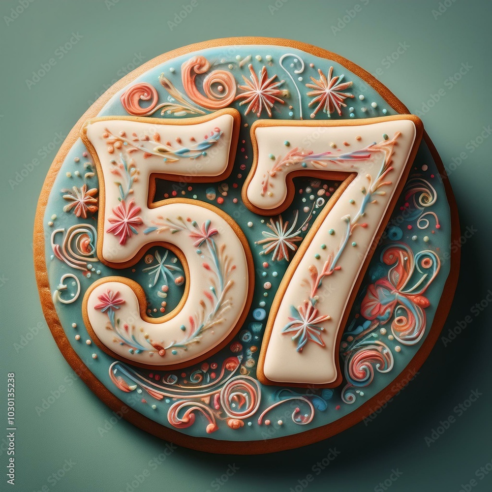 Decorated cookie, number 57, illustration for birthday or anniversary celebration Decorated cookie, number 57, illustration for birthday or anniversary celebration