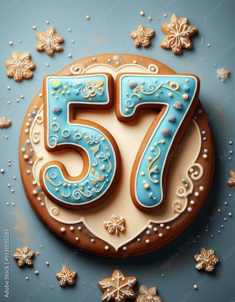 Decorated cookie, number 57, illustration for birthday or anniversary celebration Decorated cookie, number 57, illustration for birthday or anniversary celebration