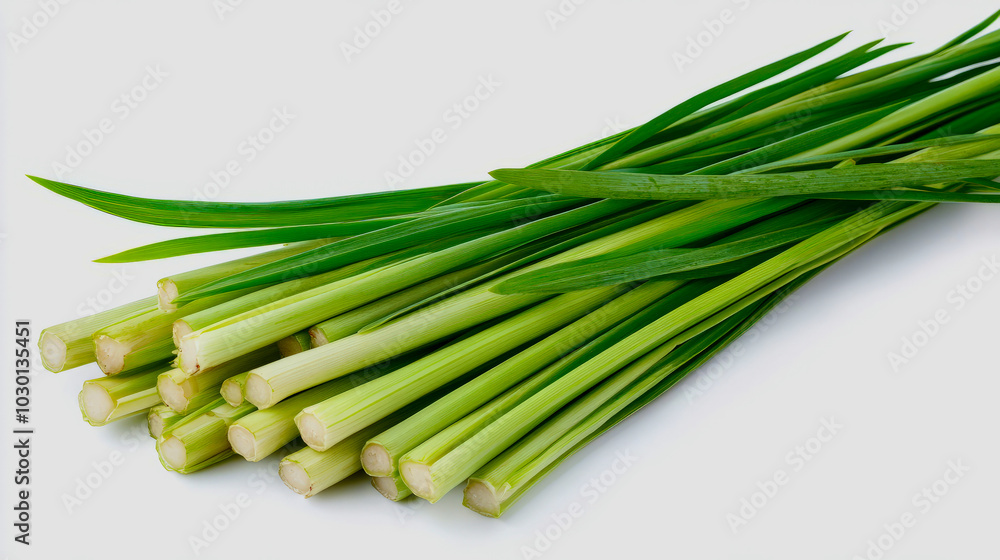 A close-up of fresh lemongrass stalks with their pale green color and fibrous texture, isolated on a white background A close-up of fresh lemongrass stalks with their pale green color and fibrous texture, isolated on a white background