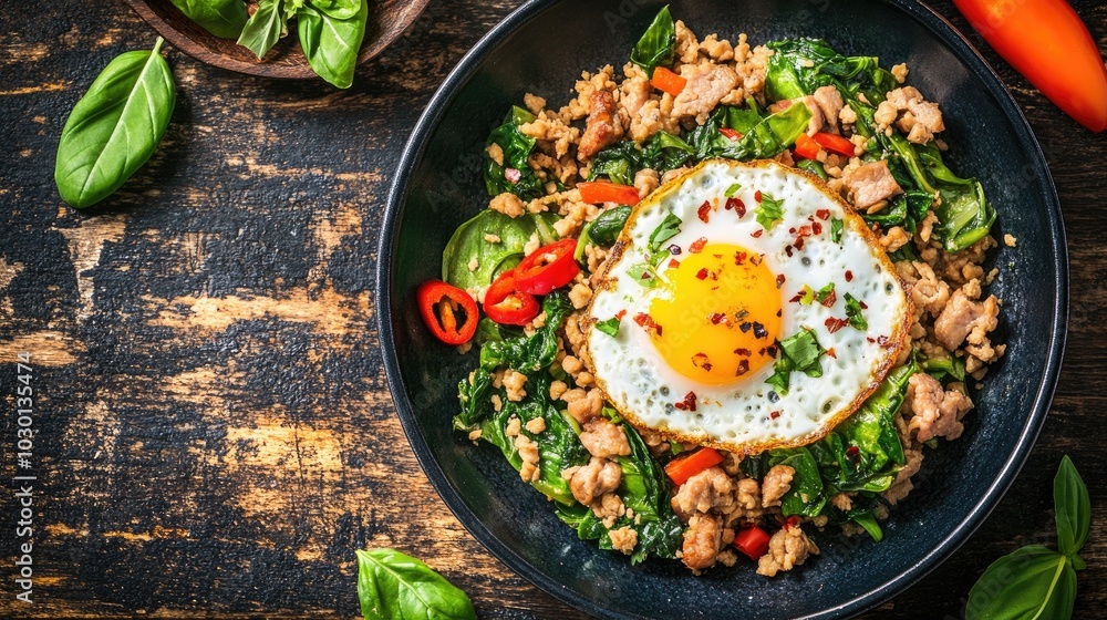 View of Thai Stir-Fried Basil with Egg on Plate View of Thai Stir-Fried Basil with Egg on Plate