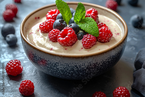 Delicious berry yogurt parfait garnished with fresh mint leaves