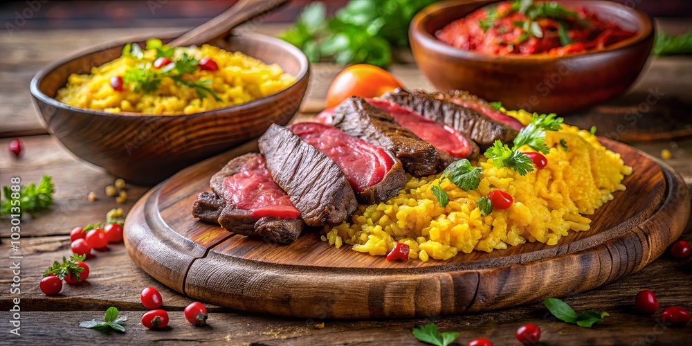Seared Meat Slices Adorned With Bright Yellow Rice and Fresh Greens on a Wooden Board Seared Meat Slices Adorned With Bright Yellow Rice and Fresh Greens on a Wooden Board