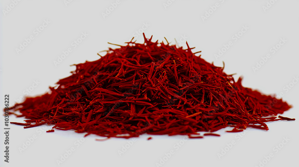 Naklejka premium A close-up of freshly picked saffron threads delicately placed in a small pile, isolated on a white background