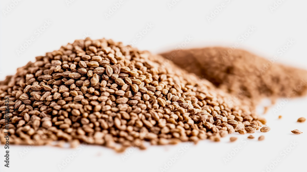 A close-up of rare ajwain seeds with their tiny, oval shape and ridged texture, scattered on a white background A close-up of rare ajwain seeds with their tiny, oval shape and ridged texture, scattered on a white background