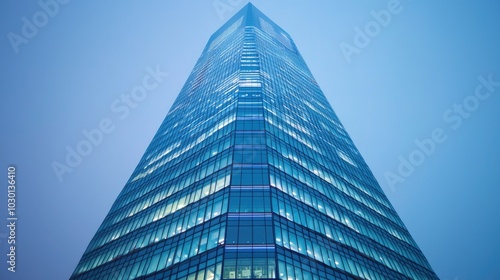 A modern skyscraper with a sleek, glass facade reaches upward against a soft, blue sky, creating an impressive and striking architectural presence.