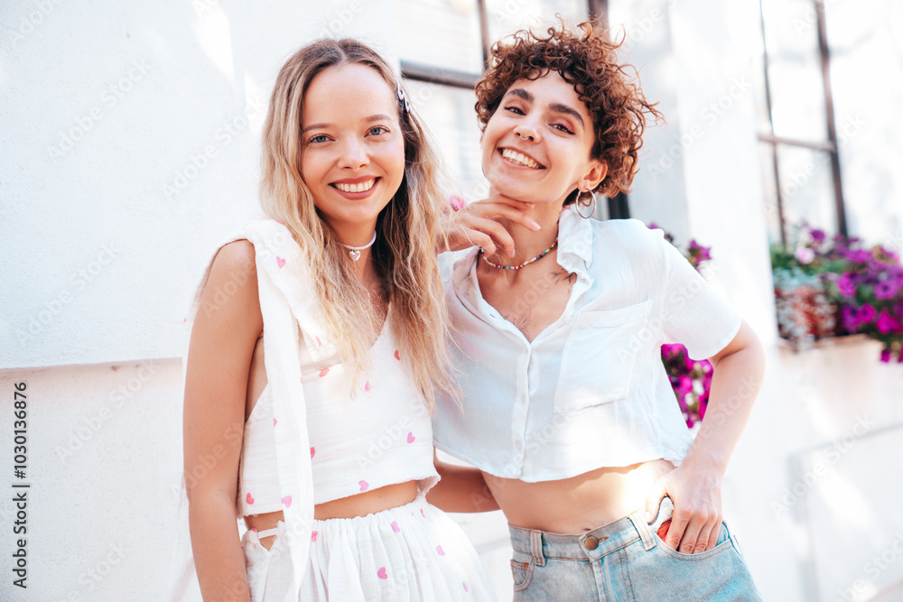 Two young beautiful smiling hipster female in trendy summer white t-shirt and shorts clothes. Sexy carefree women posing in the street. Positive models having fun, hugging and going crazy Two young beautiful smiling hipster female in trendy summer white t-shirt and shorts clothes. Sexy carefree women posing in the street. Positive models having fun, hugging and going crazy