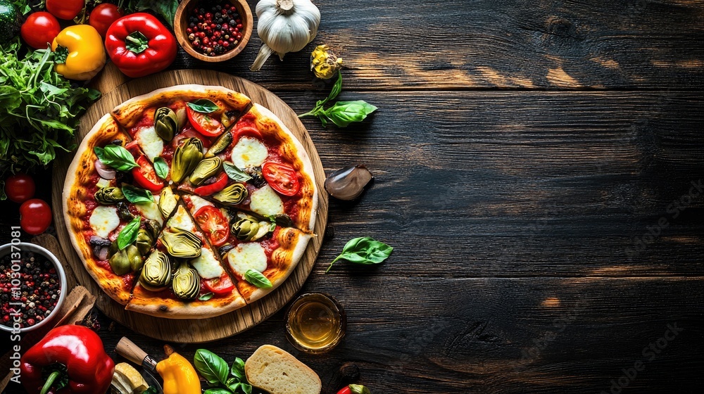 Freshly Baked Pizza with Colorful Ingredients Freshly Baked Pizza with Colorful Ingredients