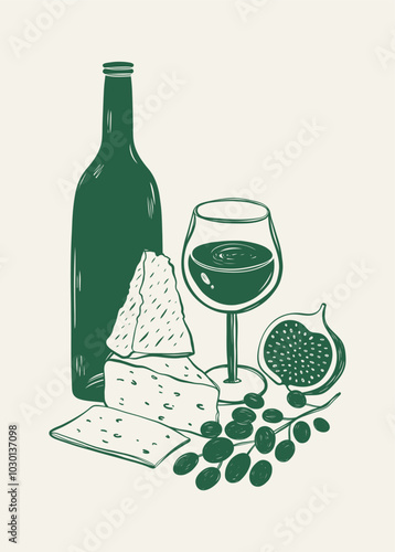 Composition of wine glass, bottle, cheese and grape. Sketch style illustration for poster or invitation to party.