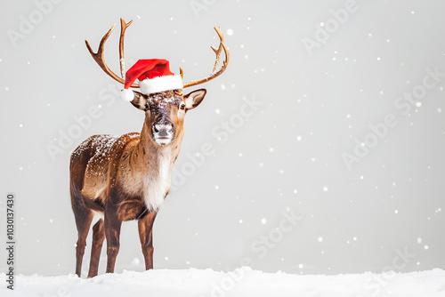 Cute reindeer in a red Santa hat on light background