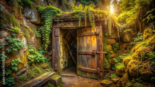 A weathered wooden door reveals a hidden passageway nestled amidst a verdant mossy landscape bathed in the golden glow of sunlight.