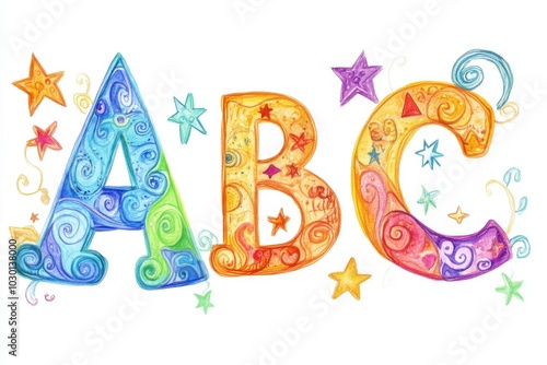 Colorful decorative letters abc with spirals and stars for children’s design