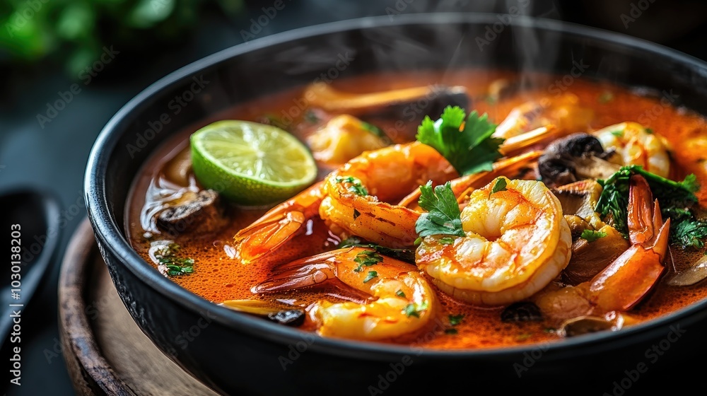 Spicy Sour Shrimp Soup in Steaming Bowl Spicy Sour Shrimp Soup in Steaming Bowl
