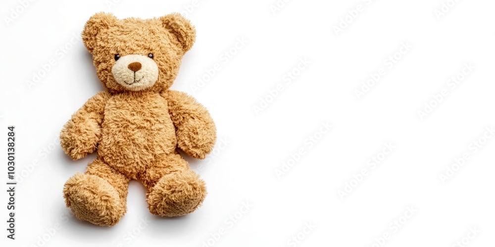 Obraz premium A soft, plush teddy bear sits comfortably on a clean white background. It is designed to bring comfort and joy to children. A perfect companion for playtime. AI