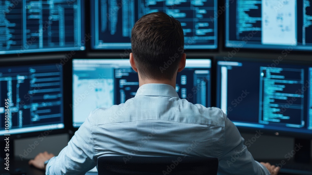 A person sits in front of multiple computer screens displaying various data and code, immersed in a tech environment. A person sits in front of multiple computer screens displaying various data and code, immersed in a tech environment.