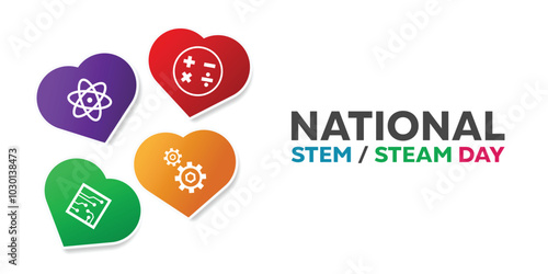 National Stem Day. Heart, science icon, art, gear and more. Great for cards, banners, posters, social media and more. White background.