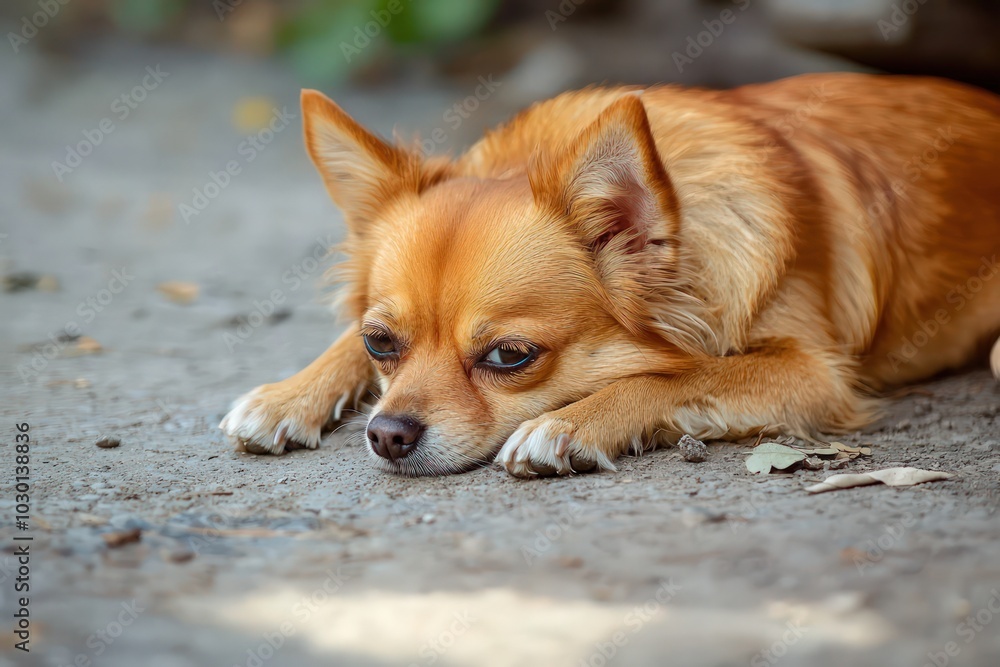 A small brown dog lying on the ground with its head down. A small brown dog lying on the ground with its head down.