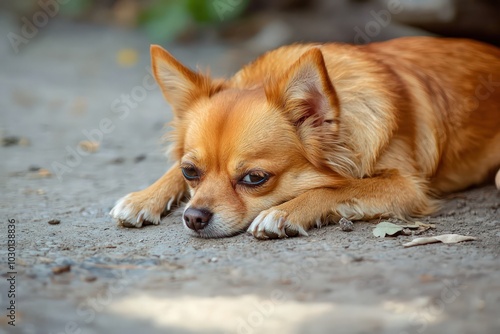 A small brown dog lying on the ground with its head down.