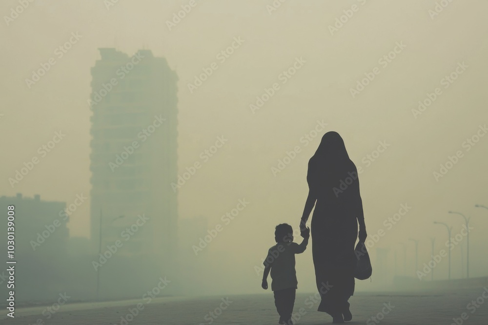 Silhouette of indian woman and child walking on foggy city street Silhouette of indian woman and child walking on foggy city street