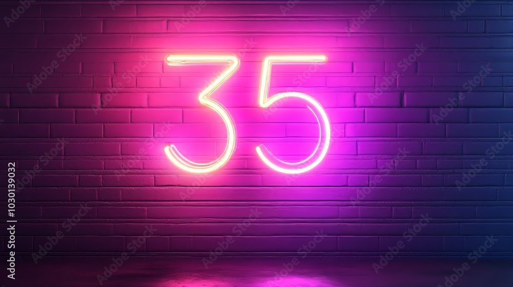 Number 35, Neon Sign on a Brick Wall. Glowing Purple and Pink Neon Light, Digit Thirty Five Number 35, Neon Sign on a Brick Wall. Glowing Purple and Pink Neon Light, Digit Thirty Five