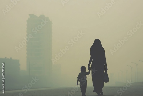 Silhouette of indian woman and child walking on foggy city street