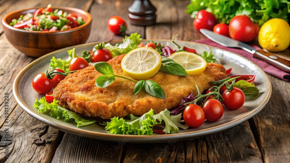 A golden-brown breaded cutlet rests on a bed of mixed greens, garnished with lemon wedges and cherry tomatoes, evoking a simple yet satisfying culinary experience. A golden-brown breaded cutlet rests on a bed of mixed greens, garnished with lemon wedges and cherry tomatoes, evoking a simple yet satisfying culinary experience.