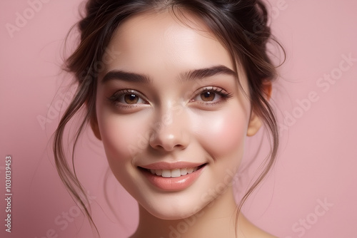 Portrait of a Young Woman with a Natural Radiant Smile on a Pink Background