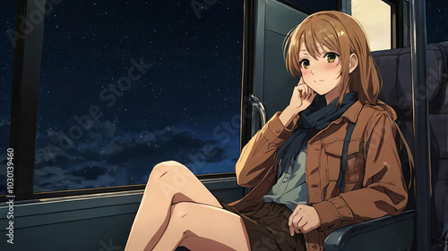 An anime character  alone in the train after hours, nightime in the train