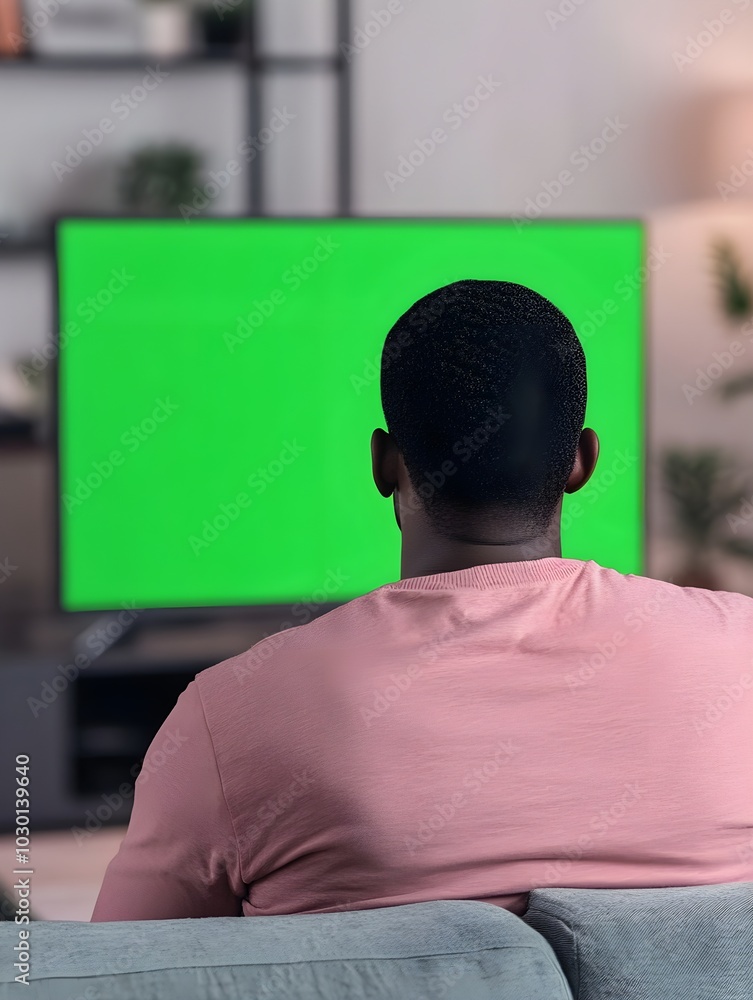 Black Man Watches Green Screen Mock-up TV Display with Chromakey While Sitting on a Couch at Home. Relaxed Male Streaming an Evening Movie. Over the Shoulder View. Modern Online Entertainment Concept Black Man Watches Green Screen Mock-up TV Display with Chromakey While Sitting on a Couch at Home. Relaxed Male Streaming an Evening Movie. Over the Shoulder View. Modern Online Entertainment Concept
