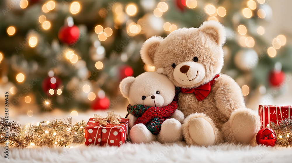 Adorable Teddy Bears in Festive Christmas Setting with Presents and Bokeh Lights Adorable Teddy Bears in Festive Christmas Setting with Presents and Bokeh Lights