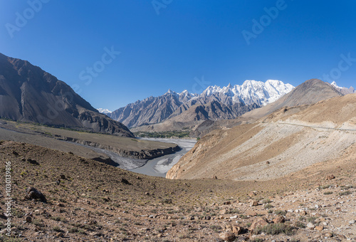 Scenic mountain landscape along Karakoram Highway near Passu, Hunza, Gilgit-Baltistan, Pakistan photo