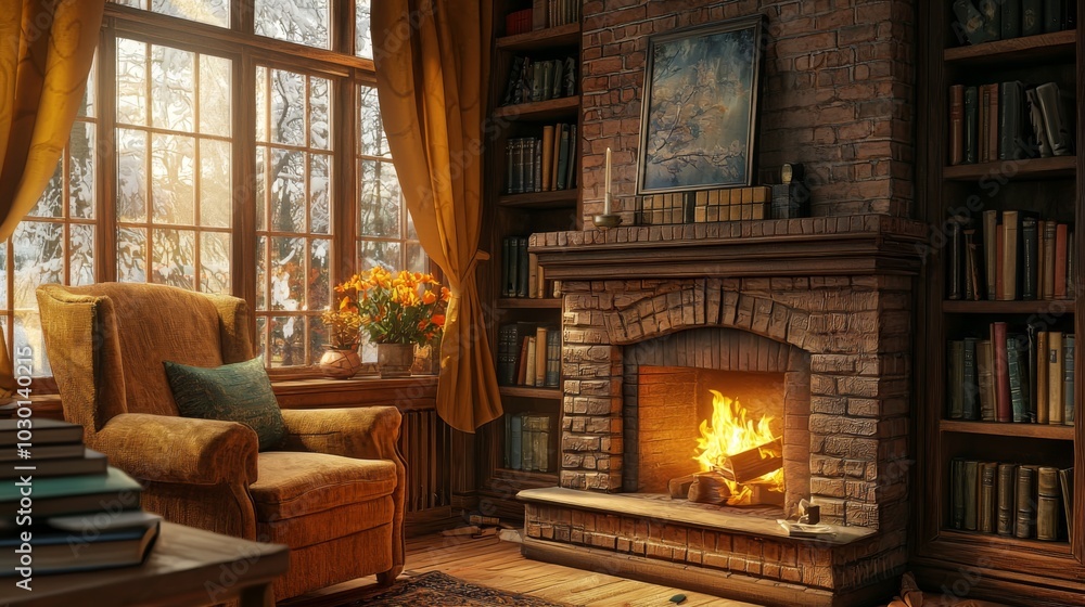Fireplace in a cozy reading nook with book Fireplace in a cozy reading nook with book