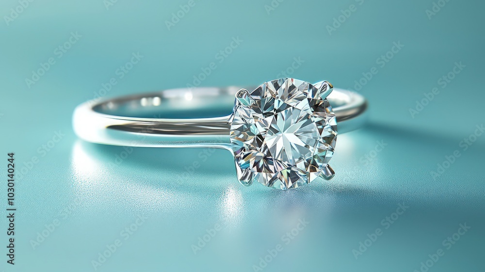 A sparkling diamond engagement ring with a solitaire cut gleams against a blue backdrop. A sparkling diamond engagement ring with a solitaire cut gleams against a blue backdrop.