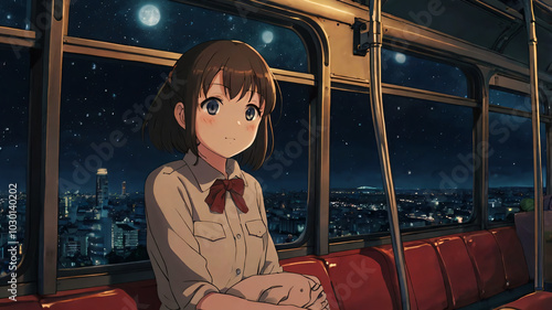 An anime character  alone in the train after hours, nightime in the train